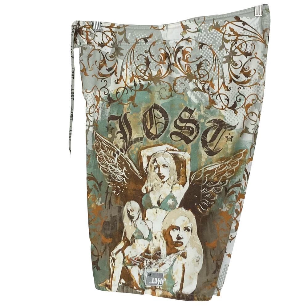NWOT LOST Shorts 38~L Graphic Art Bikini-Girls Angel-Wing Skull Logo Floral